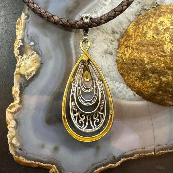 Carolyn Pollack Sterling & Brass Decorated Teardrop Enhancer Pendant For Women - Picture 7 of 10